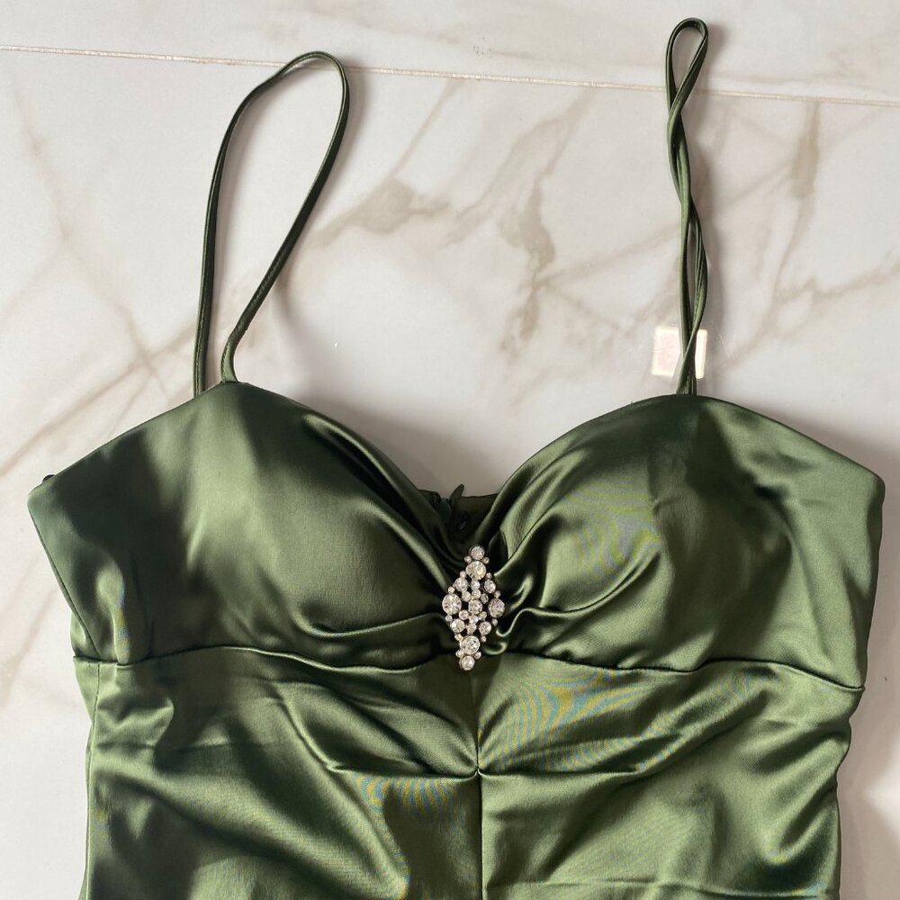 Xscape Petite 14P Satin Olive Green Mermaid Cocktail Dress Jeweled Spaghetti - Picture 2 of 10